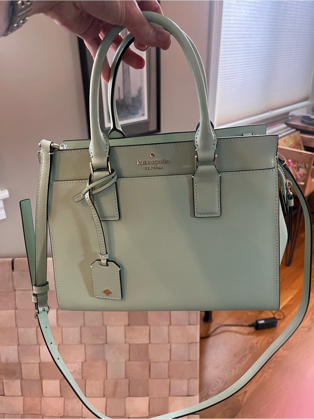 kate spade pale mint leather satchel with detachable strap